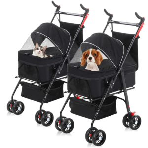 "2 Pack Folding Pet Stroller for Small Dogs and Cats with mesh windows, large wheels, and practical features for easy pet transportation."