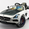 Mercedes SLS AMG Final Edition 12V Kids Ride-On Car in sleek white, featuring LED lights, leather seat, and parental remote control."