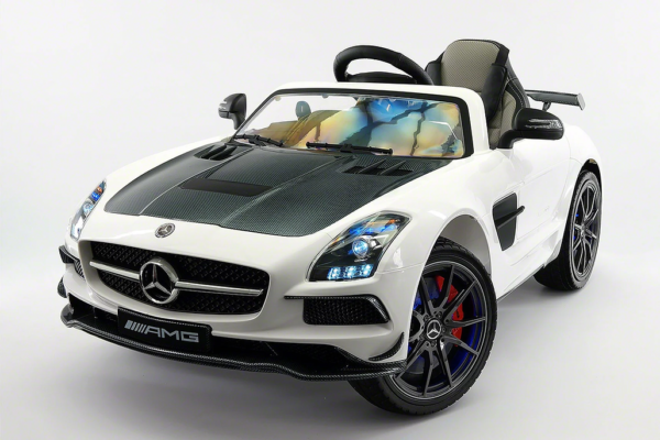 Mercedes SLS AMG Final Edition 12V Kids Ride-On Car in sleek white, featuring LED lights, leather seat, and parental remote control."