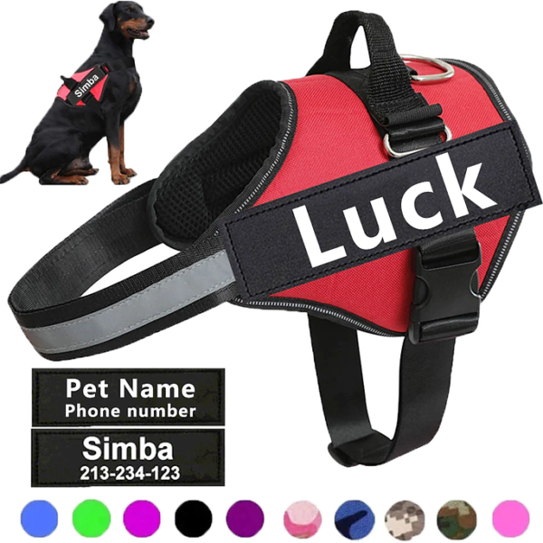 "No Pull Reflective Dog Harness featuring adjustable straps, breathable mesh, and reflective material for safe and comfortable walks."