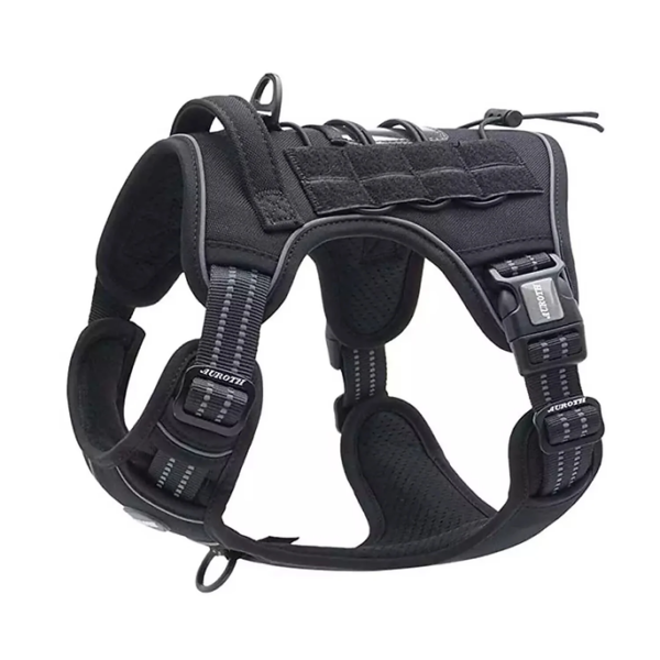 "Tactical Dog Harness made with durable 1000D Nylon, adjustable straps, breathable mesh fabric, and MOLLE system compatibility."